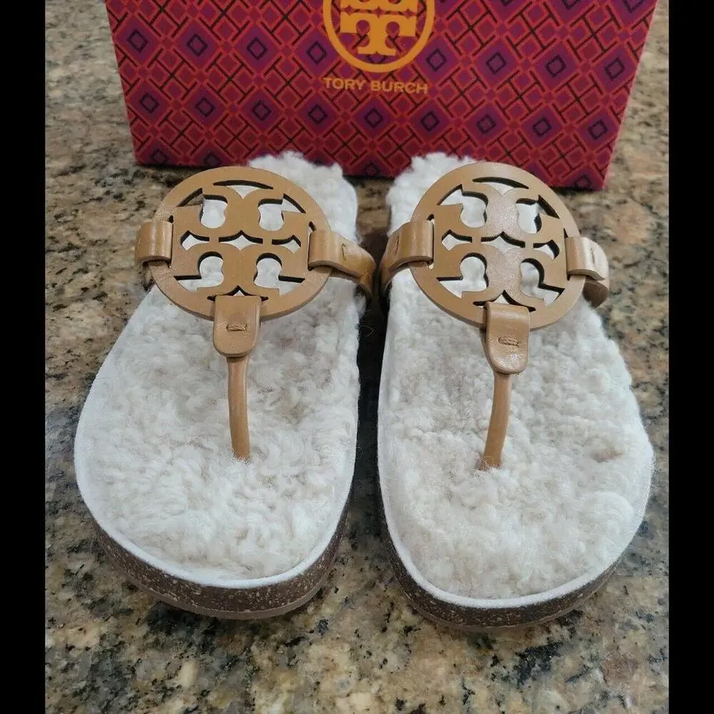 Tory Burch Miller Cloud Shearling Leather Sandal Thongs Shoe Carmel 10 New $268 - Picture 2 of 9